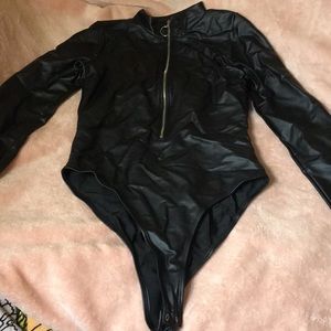 NWT Forever 21 Long Sleeve Black Pleather Bodysuit